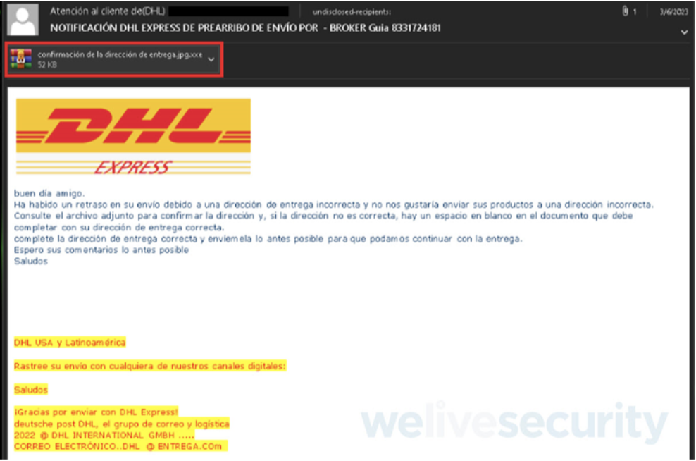 Ejemplo de un correo de phishing enviado en esta campaña.